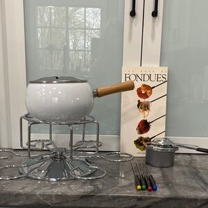 White Fondue Set with Chrome Stand to Hold 6 Serving Cups, 4 Forks, & Cookbook.